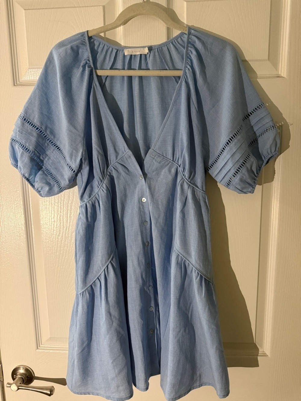 Lush Sky Blue Button-Front Mini Dress with Puff Sleeves